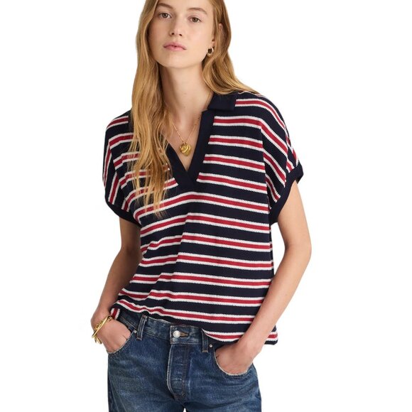 Madewell Relaxed V-Neck Polo Shirt in Stripe Size M - Picture 1 of 10